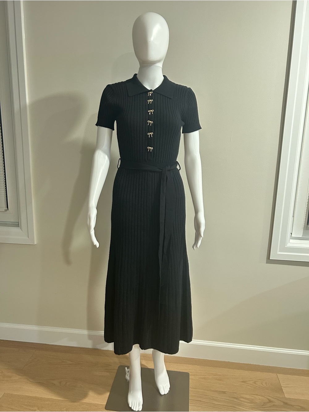 En Saison Black Ribbed Midi Dress with Gold Bow Buttons and Waist Tie
NWT